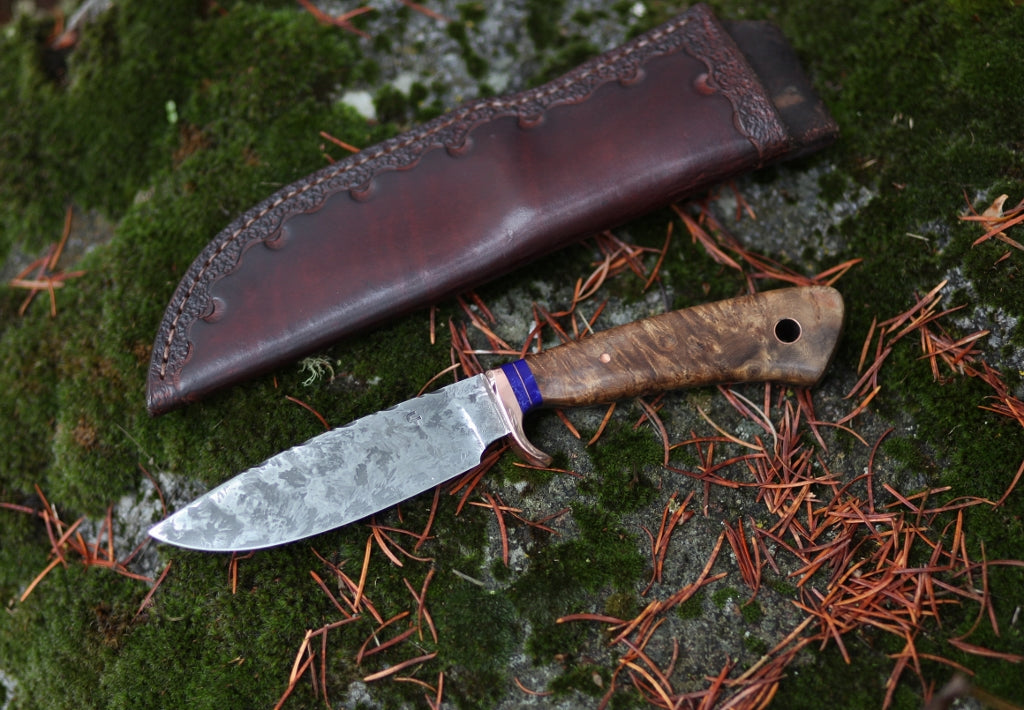 drop point hunting knife, ironwood burl