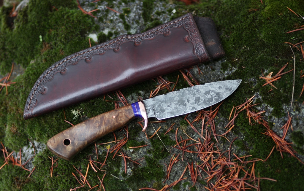 drop point hunting knife, ironwood burl