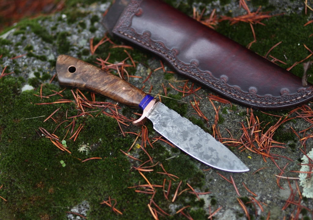 drop point hunting knife, ironwood burl