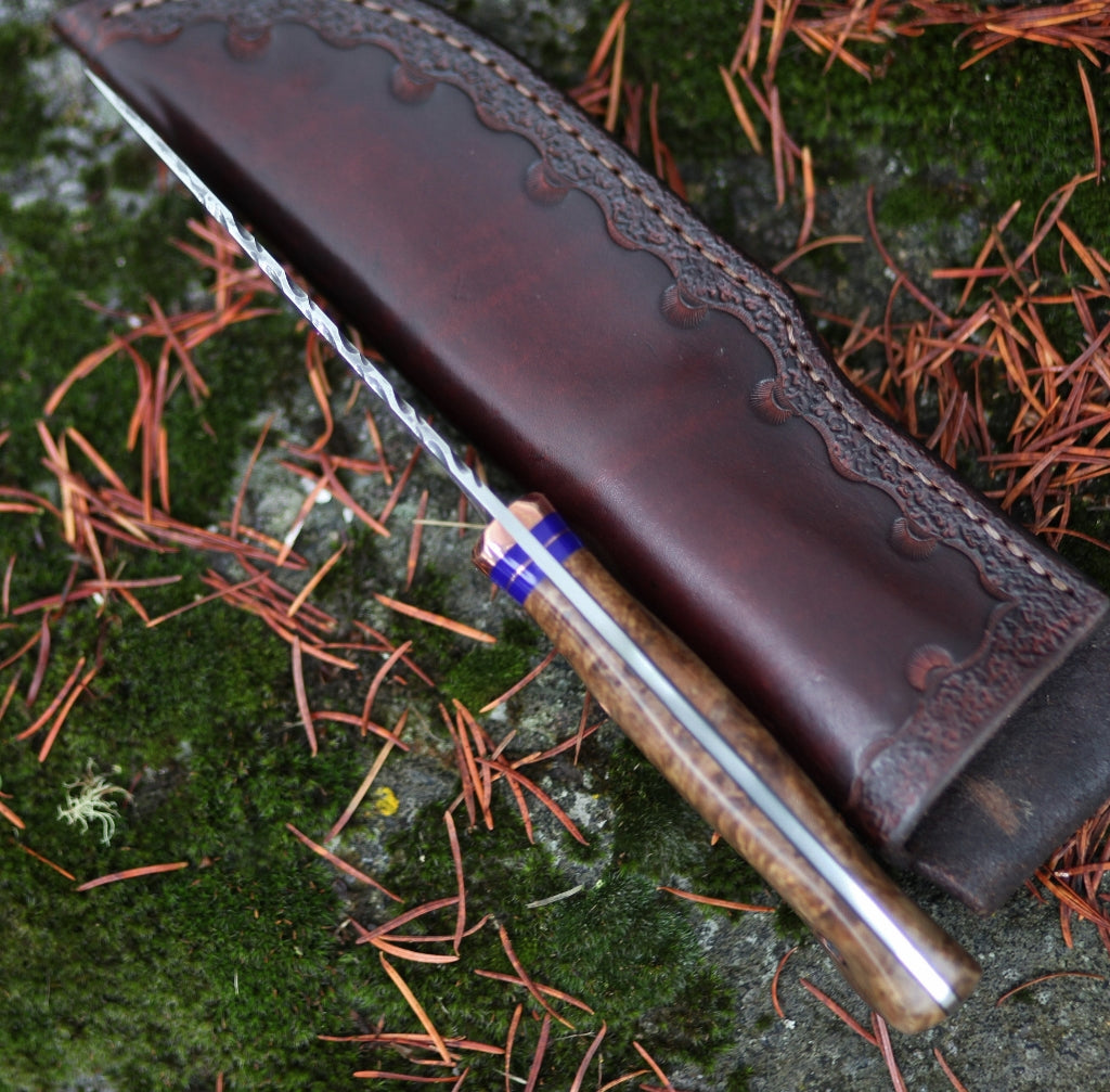 drop point hunting knife, ironwood burl