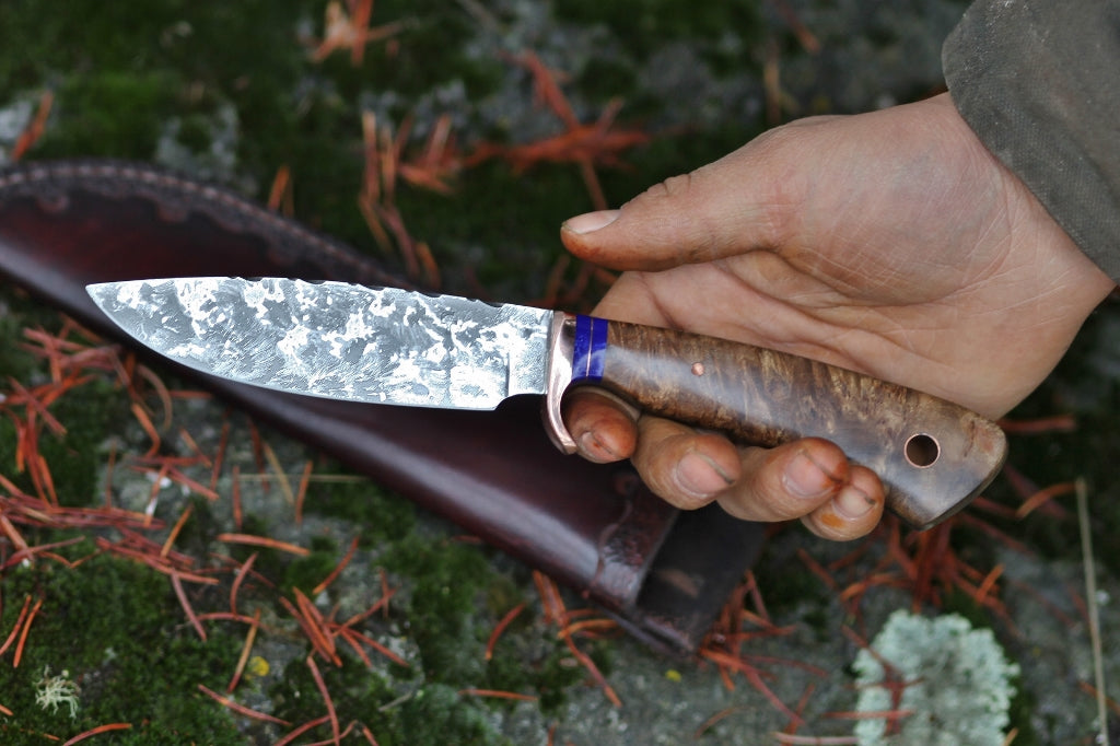 drop point hunting knife, ironwood burl