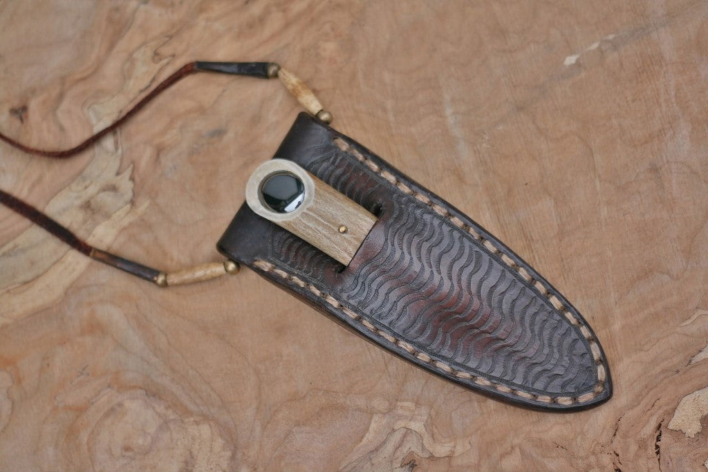 Custom neck knife, white tail antler and stone