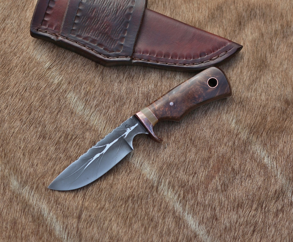 Drop point hunting/utility knife, maple burl