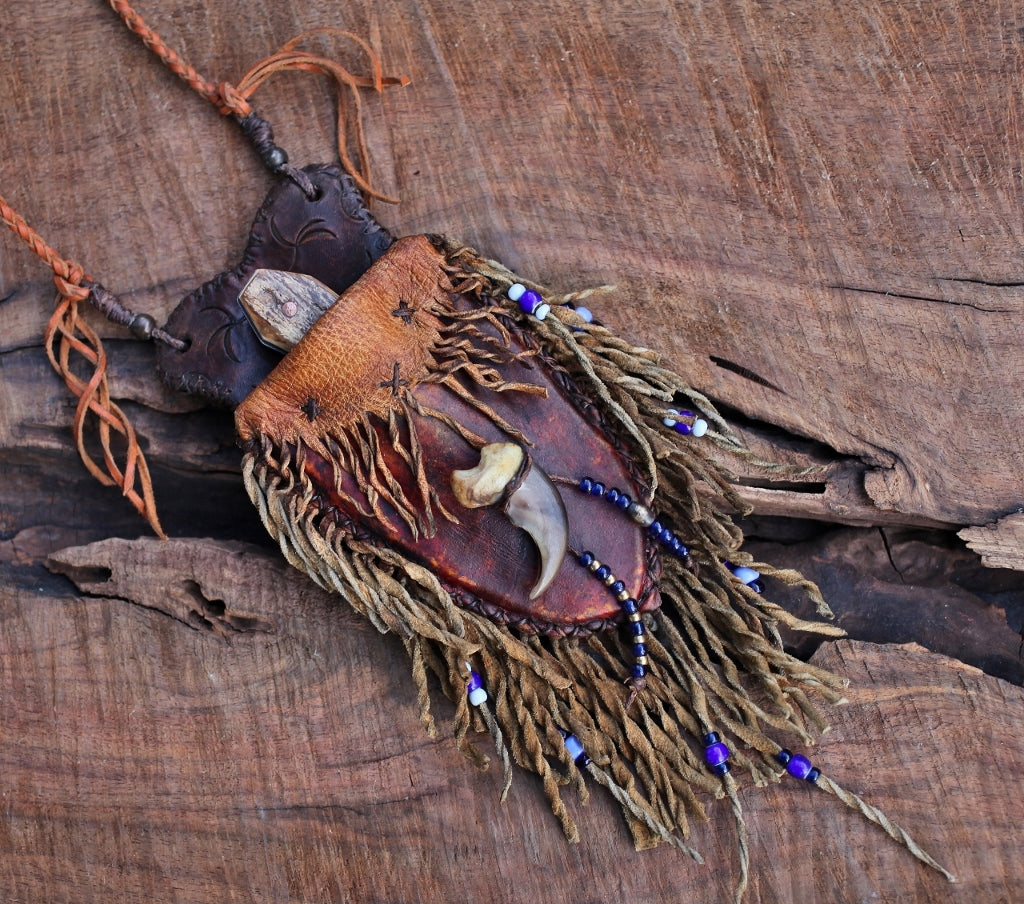 Mountain Man neck knife, bear claw and mammoth tusk